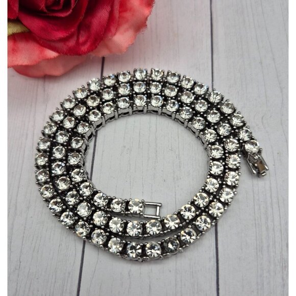 Silver Tone High Quality Crystal Tennis Style Necklace Long 20" Collar Formal - Picture 2 of 7